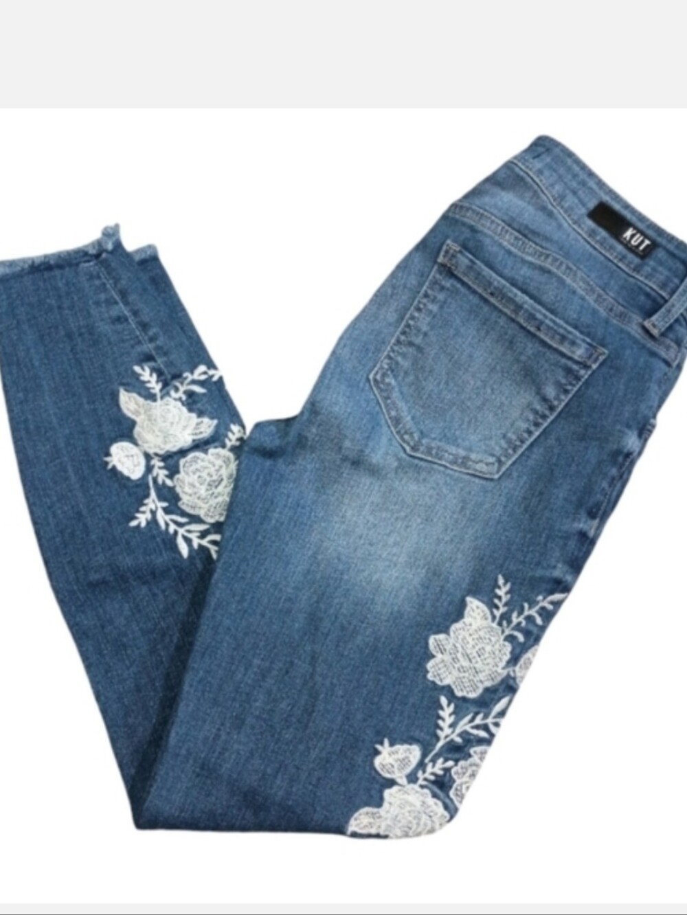 Kut from the Kloth Connie Blue Skinny Jeans with White Floral Embroidery